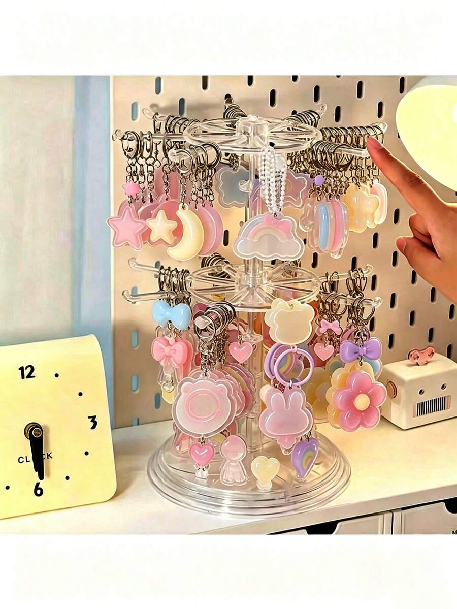 1pc Adjustable Double-Layer Rotating Keychain Display Stand, Multi-Function Plastic Desktop Storage Rack, Suitable For Keyrings, Badges, Jewelry, Necklaces, Bracelets, Pendants - Multi-Function Collectibles And Awards Display Stand, Essential For Valentine's Day, Sunny Travel, Back To School