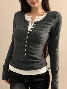 Korean Style Soft Gentle Half-Button Ribbed Knit Top, Faux Two Pieces Contrast Color Patchwork Hem, Slim Fit Flattering Long Sleeve Base Layer, Casual Versatile Autumn/Winter Women's Blouse - Grey - View 3