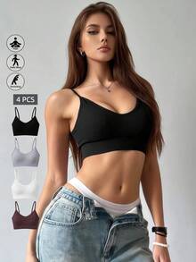 Runway Rest 4pcs/Set Women Seamless Striped Camisole Racerback Wireless Bras, Sexy & Comfortable Padded Underwear - Multicolor - View 1