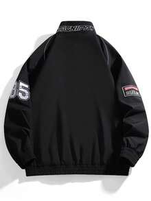 Jaket Pria Musim Semi/Gugur dengan Motif Huruf Balap, Kerah Tegak, Manset Elastis, Jaket Motor Gaya Hip-Hop Street - Hitam - View 4