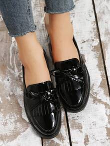 Fall/Winter Women's Retro Slip-On Solid Color Decoration Casual Flat Loafers - Black - View 12