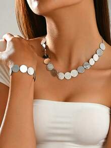 1 Set 2pcs Fashionable Minimalist Versatile Creative Textured Metal Geometric Sequin Patchwork Necklace & Bracelet Set, Suitable For Women's Daily, Banquet, Party Wear - Silver - View 2