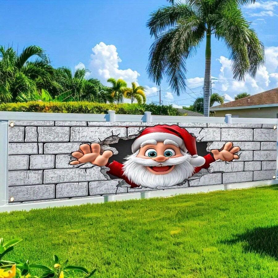 1pc Merry Christmas Santa Peeking From Wall Pattern Polyester Decorative Fence Banner, Suitable For Outdoor Lawn And Wall Decoration, Perfect For Holiday Celebrations - Christmas Wall Breakout - View 1