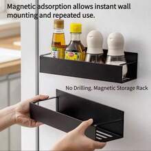 1/2pcs Magnetic Side Storage Rack Set, Suitable For Refrigerator And Washing Machine - No Drilling Required, Easy Installation, Fashionable Black Metal Texture, Wall-Mounted Spice Rack - Black - View 10