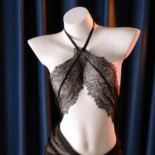 2-Piece Sexy Lingerie Set For Women Party Club Dress, Lace Bodycon Halter Neck Secretary Roleplay Nightgown - Black - View 2
