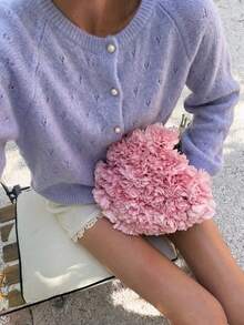Women's Light Purple Mohair Blend Cardigan, Hollow Heart Pattern Loose Drop Shoulder Long Sleeve Pearl Buttons, French Gentle Style Suitable For Autumn/Winter Daily Versatile Layering - Purple - View 2