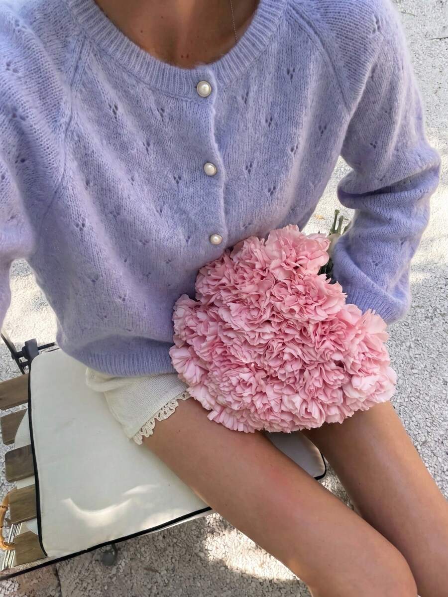 Women's Light Purple Mohair Blend Cardigan, Hollow Heart Pattern Loose Drop Shoulder Long Sleeve Pearl Buttons, French Gentle Style Suitable For Autumn/Winter Daily Versatile Layering