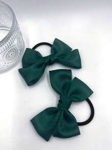 2 Pcs Satin Bow Hair Ties, Emerald Green Ribbon Elastic Ponytail Holders Cute Bows Hair Accessories For Girls Women Fall Decor - Dark Green - View 2
