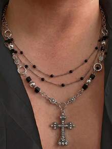 1pc Men's Silver Metal Pendant Necklace With CZ Inlaid Cross Pendant, Gothic Style, Suitable For Party And Gathering - Multicolor - View 4