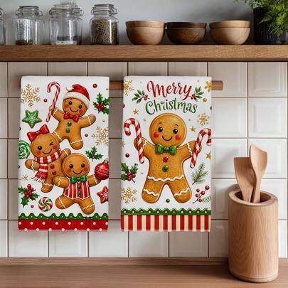 2 PIEZAS Toallas de Cocina con Estampado de Hombre de Jengibre Navideño en Acuarela 40*60cm Estilo Acuarela Rectangular de Microfibra, Paños de Cocina, Manteles, Toallas de Mano, Decoración de Cocina Navideña, Decoración del Hogar, Regalos de Inauguración para Vecinos, Perfecto para Uso en Cocina y Baño, Adecuado para Amas de Casa y Reuniones Familiares, Alta Relación Costo-Rendimiento, Esencial del Hogar