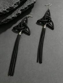 MARLIWOO 1 Pair Gothic Subculture Vintage Pendant Long Tassel Earrings, Black Exaggerated Emo Party Ear Dangles - Black - View 3