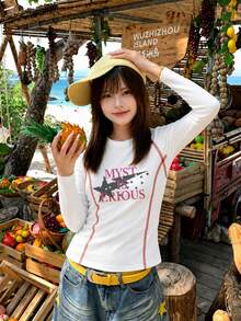 Star & Letter Print Y2K Square Shoulder Long Sleeve T-Shirt For Women, American Retro Slimming Unique Cropped Top - White - View 4