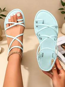 Fashion Women's Toe Strap Roman Sandals, Comfortable & Breathable, Vacation Style, Beach Travel Blue Sandals Green Sandals - Green - View 1