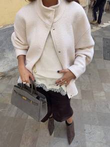 Elegant Loose Fit Women's Winter Jacket, Autumn Style - Apricot - View 3