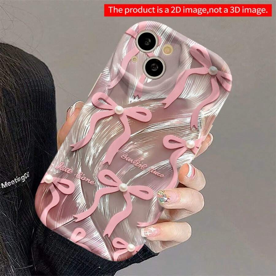 奢華彩繪不對稱手機殼 波浪凸緣防摔 DIY 珍珠粉蝴蝶結 女生手機保護殼，適用 Apple 17Air 16/15 Pro Max/15 Pro/15/15Plus/14 Pro Max/14 Pro/14Plus/14/13 Pro Max/13 Pro/13/12 Pro Max/12 Pro/12/11Pro Max/11