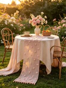 1pc Elegant Lace Table Runner With Fluffy Pom Pom Decor, French Style, Multiple Sizes, Lightweight Rectangular Table Scarf Suitable For Spring/Summer, Holidays, Weddings, Birthdays, Parties, Daily Home Decor - Pink - View 11