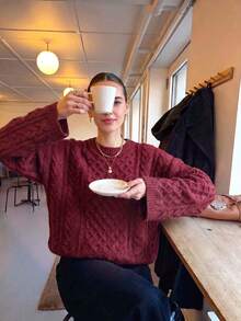 Women's Plus Size Fall Winter Burgundy Cable Knit Sweater, Round Neck Drop Shoulder Long Sleeve Loose Top For Date Casual Street‑Shot - Wine Red - View 1