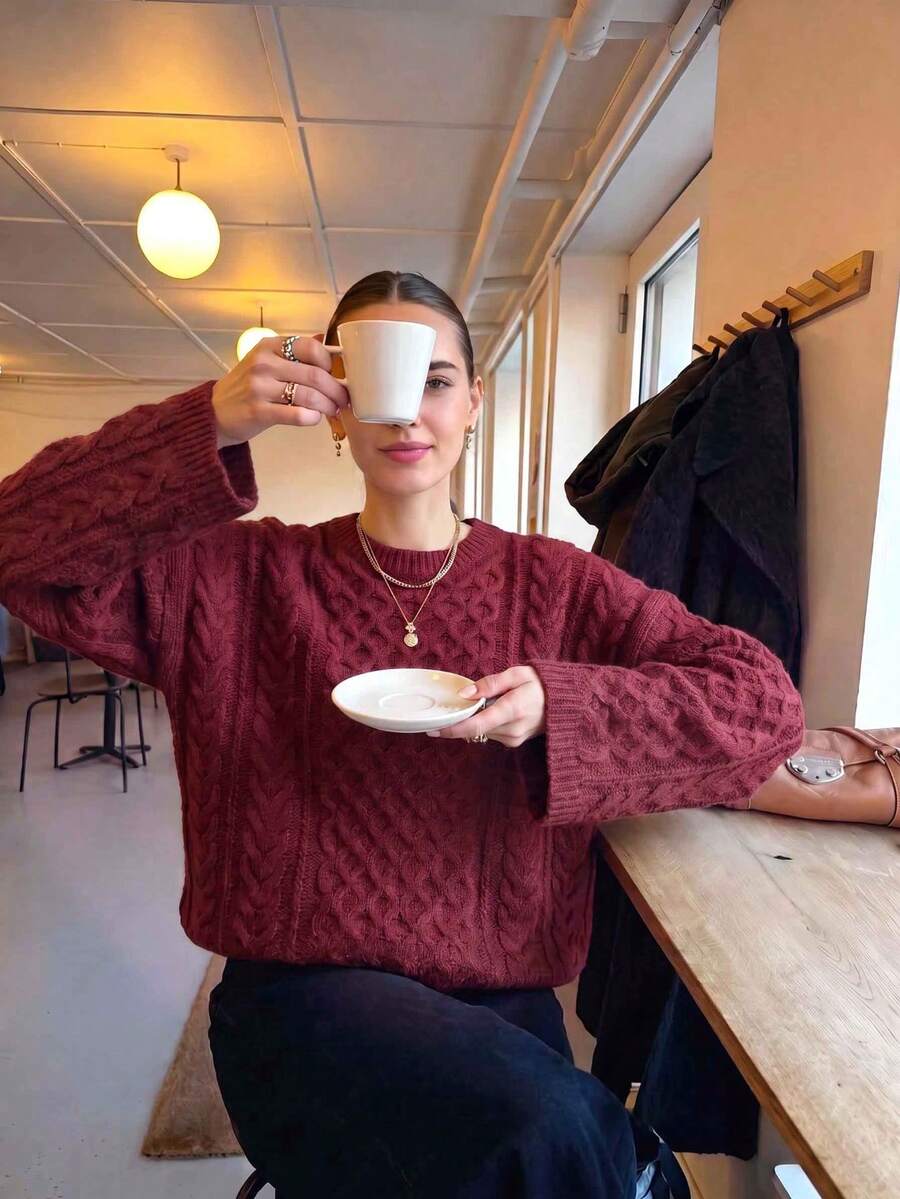 Women's Plus Size Fall Winter Burgundy Cable Knit Sweater, Round Neck Drop Shoulder Long Sleeve Loose Top For Date Casual Street‑Shot - Wine Red - View 1