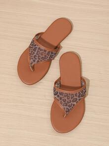 Double Leopard Print Elegant Polyester Hollow Out Sandals, Flip Flops, Lightweight Thong Slippers For Vacation, Autumn/Winter - Brown - View 7