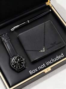 3 PiecesLuxury Business Watch Set For Men, Including 1 Black Leather Strap Quartz Watch (Roman Numeral Dial), 1 Black Embossed Wallet, And 1 Business Ballpoint Pen. The Overall Design Is Simple And Elegant With Outstanding Quality, Suitable For Wearing With A Suit. - Black - View 9