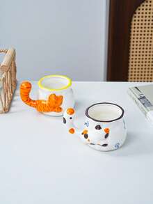 1pc 3D Cat Tail Handle Ceramic Mug, Cute Embossed Kitten Water Cup, Home Coffee Cup, Gift - Multicolor - View 2