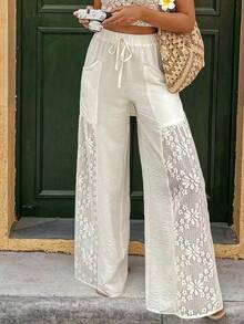 Women Solid Color Casual High Waist Straight Leg Pants With Elegant Lace Trim Detail Stylish Everyday Wear Spring Summer Fall - White - View 4