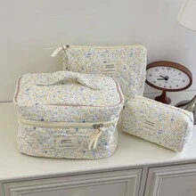 燈芯絨黃色花卉圖案化妝包，多功能化妝品收納袋套裝，便攜旅行盥洗包，女士小化妝包，化妝收納袋，保養品收納袋，宿舍收納必需品，生日禮物，聖誕禮物 - 彩色 - 查看 4