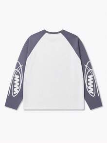 Grey & White Colorblock Raglan Sleeve Round Neck Handwritten Letter Long Sleeve T-Shirt Men's Minimalist Distressed Loose Fit Layering Base Long Tee - White - View 4