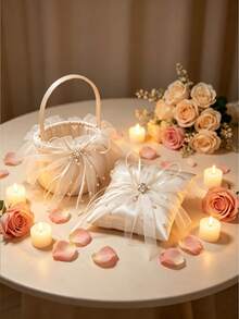 Wedding Flower Basket Ring Pillow, Large Ring Pillow - Wedding Lace Flower Basket Lace Pearl Ivory Ring Tray Wedding Party - View 3