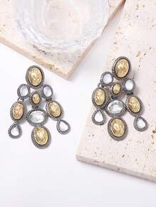 1 Pair Luxury Vintage Exaggerated Geometric Full Rhinestone Multi-Layer Patchwork Pendant Earrings, Fashionable Elegant Cool Elegant Versatile For Women - Fashion Patchwork Pendant Earrings - View 2