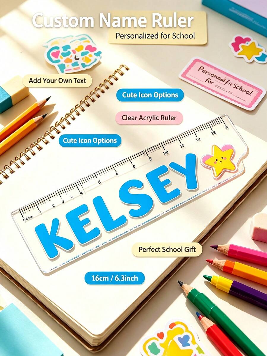Custom Name Acrylic Ruler, Transparent Acrylic Customized Name Ruler, Personalized 15Cm Straight Measuring Tool, Customized Daily Stationery Accessory, Customizable Gift For Stationery Lovers, Multi-Functional Creative Ruler - Multicolor - View 1