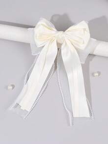 1pc Beige Grosgrain Ribbon Hair Bow For Girls Pearl Lace Trim Decor Long Streamer Alligator Clip Sweet Daily Hair Clips Kids Hair Accessories - Beige - View 4
