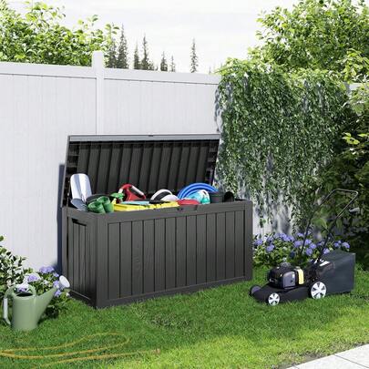 90 Gallon Resin Deck Box, Lockable Patio Outdoor Storage Box For Furniture, Garden Tools And Tools Storage, Waterproof Outside Storage Box - Black