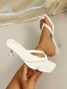 Oversized 1 Size Up Summer New Soft Leather Square Toe Slide Sandals, Kitten Heel Thong Sandals, Versatile Thin Heel Toe-Post Flip Flops For Women - White - View 6
