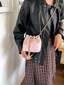 迷你純色水鑽時尚晚宴包，亮片抽繩水桶包附金屬鏈條，女款斜跨派對戶外小錢包 - 彩色 - 查看 4