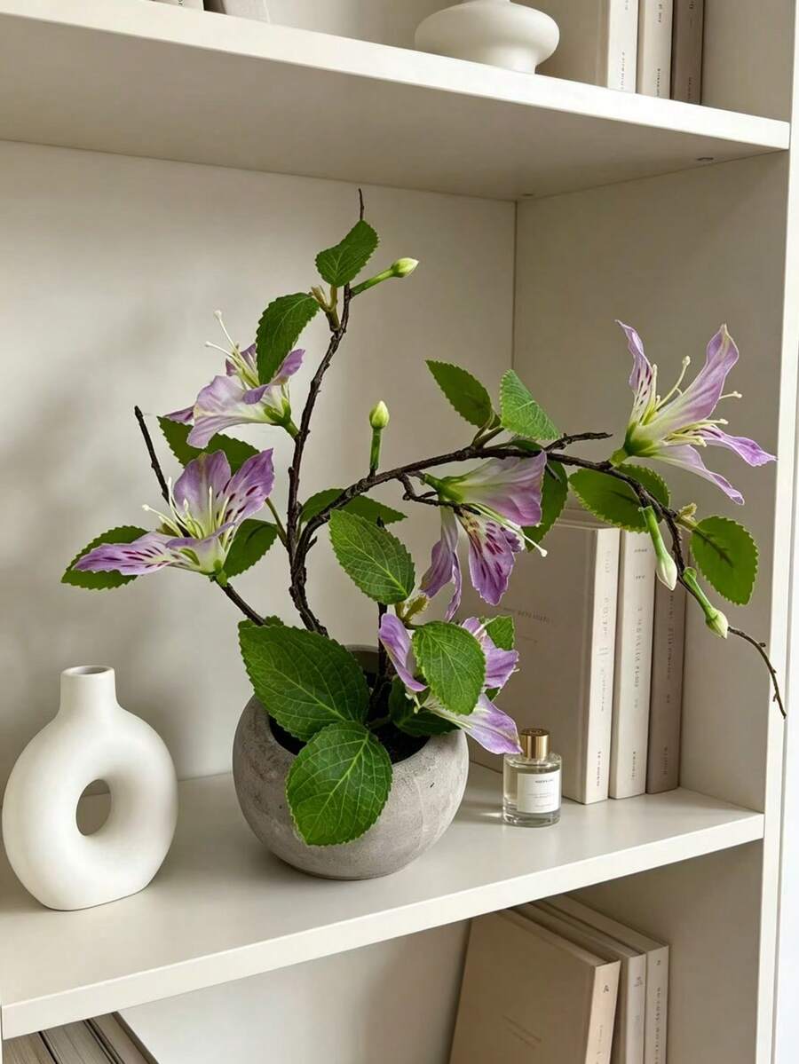1pc Premium Artificial Clematis Bonsai, Faux Flower Decor, Suitable For Home Bedroom, Aromatherapy Tabletop Arrangement, Living Room Office, Coffee Table Desktop Decoration Display (With Pot) - Mauve Purple - View 1