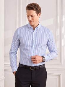 Officeau Men's Striped Single-Breasted Casual Commute Travel Shirt - Baby Blue - View 1
