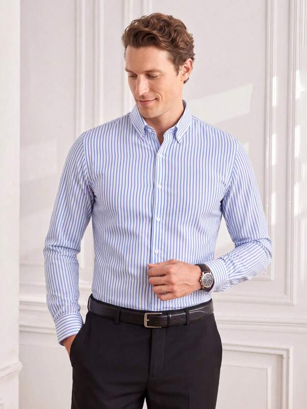 Officeau Men's Striped Single-Breasted Casual Commute Travel Shirt