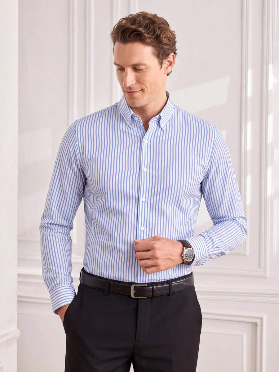 Officeau Men's Striped Single-Breasted Casual Commute Travel Shirt - Baby Blue - View 1