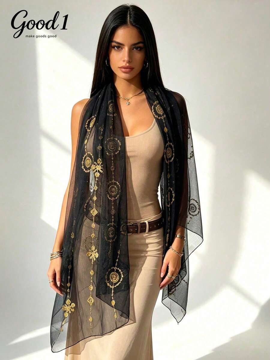 1pc Floral Embroidered & Tie-Dye Scarf, Oversized Shawl, Fashionable & Versatile Solid Color Scarf, Bohemian Style