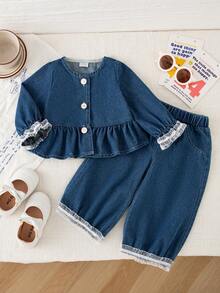 Autumn/Winter French Sweet Lace Denim Set & Baby Girl Doll-Style Denim Cardigan & Lace Patchwork Lantern Denim Pants & Versatile Casual 2-Piece Set - Blue - View 1
