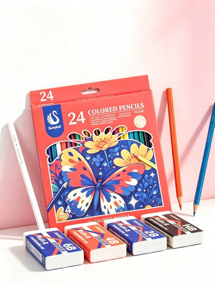 Conjunto de Lápis de Cor de 12 e 24 Cores e 4 Borrachas, Borrachas 2B, HB, 4B, 6B, Conjunto de Lápis de Desenho Artístico, Lápis de Desenho Artístico de Núcleo Macio, Adequado para Pintura, Esboço, Sombreamento, Colorir Cartões de Natal, Etc. - Presente de Arte Premium para Meninos, Meninas, Artistas e Amantes de Arte - Multicolorido - Visão 1