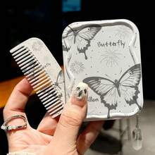 Cute Butterfly Makeup Mirror, Portable Folding Touch-Up Mirror, Mini Handheld Mirror Comb Combo - Multicolor - View 1