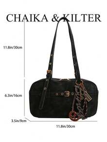 CHAIKA & KILTER 1pc Solid Color Suede Fabric Women's Vintage Fashion Matte One Shoulder Bowling Bag, Contrast Quilted Stitching, Dual Handle Design, Zipper Closure, Suitable For Daily And Travel Use (Includes Pendant) - Black - View 3