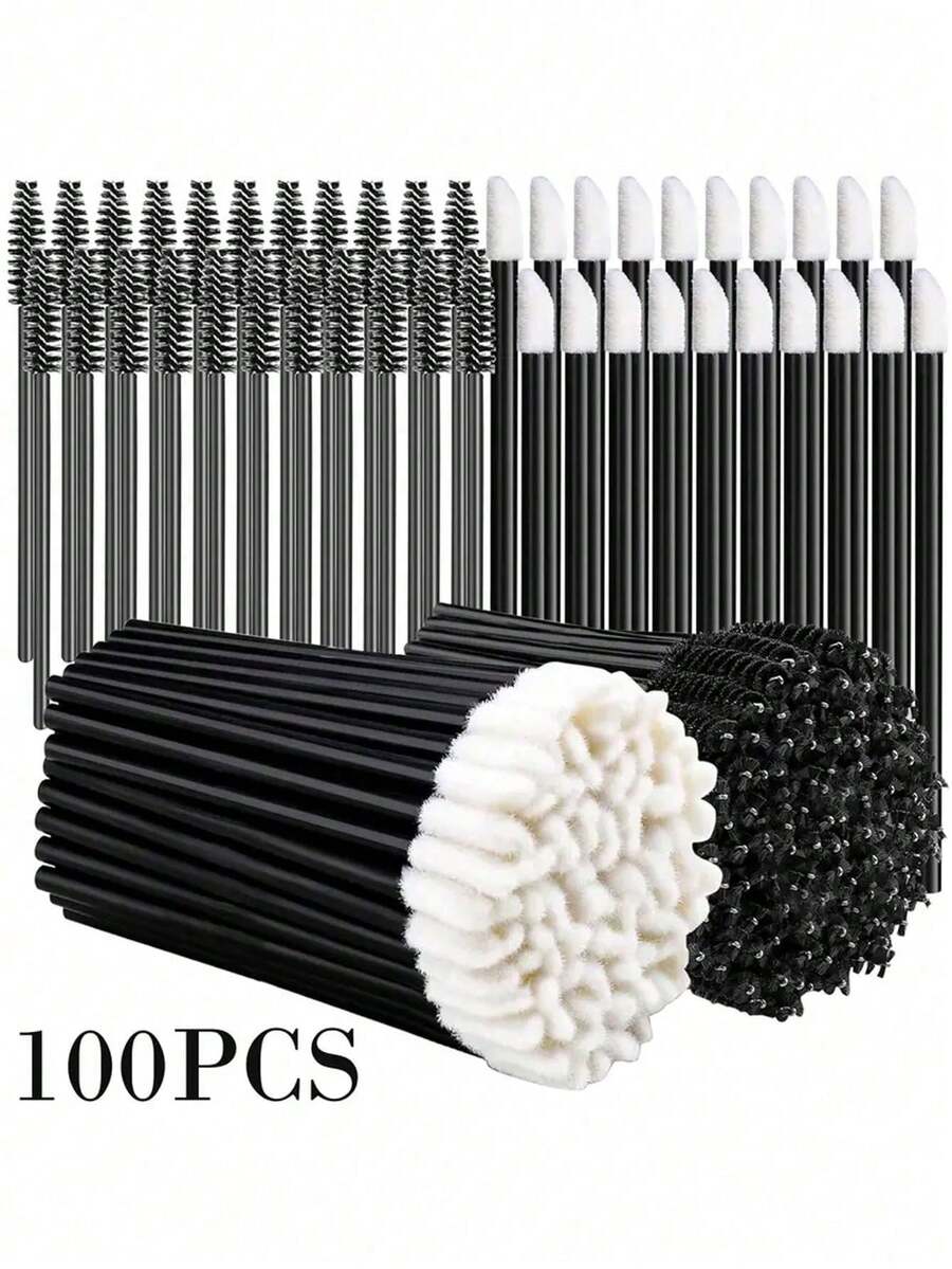100pcs Disposable Mascara Brush Set With Lip Gloss Brush Head, Nylon Bristles, Suitable For Neutral Skin, Fragrance-Free, ABS Plastic Handle - Multicolor - View 1