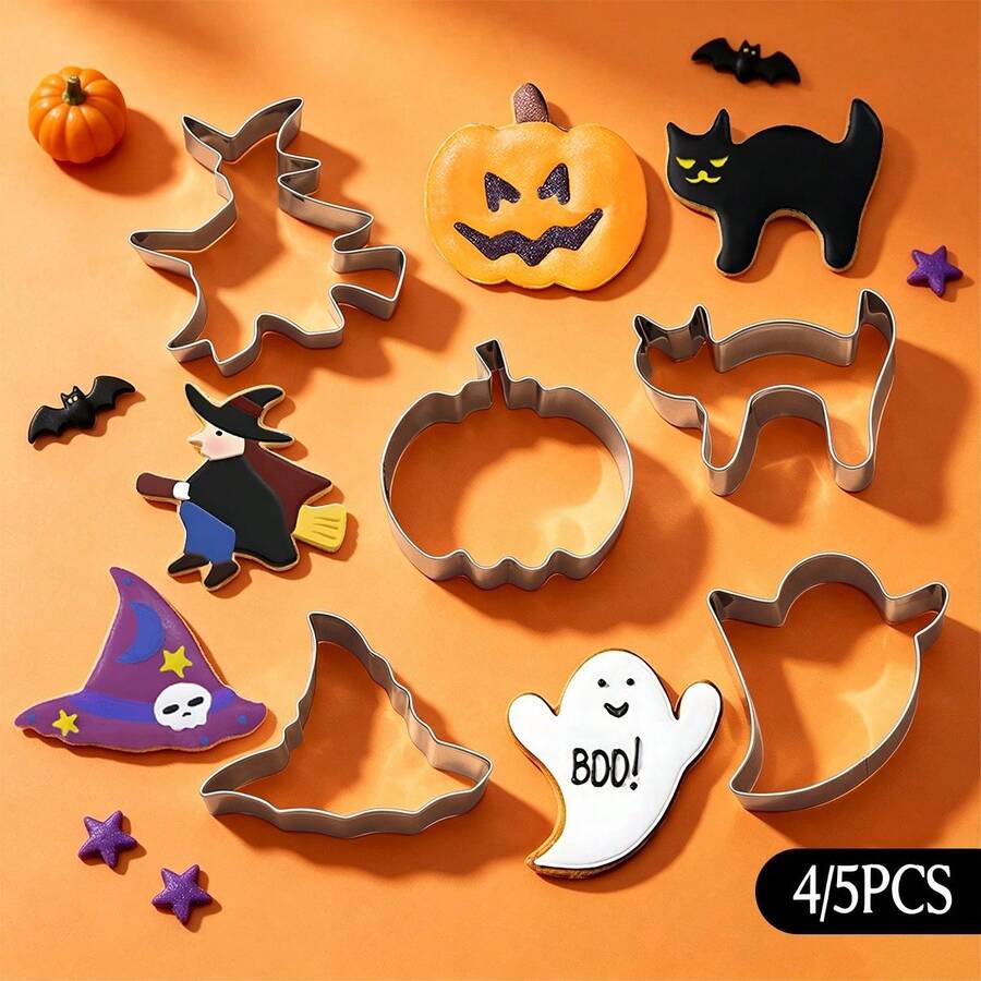 4/5Pcs Halloween Stainless Steel Cookie Cutter Set, Pumpkin Ghost Witch Hat Cat Shaped Molds, Multi‑Purpose Baking Tools For Biscuit, Fondant, Clay & DIY Halloween Party Crafts - View 1
