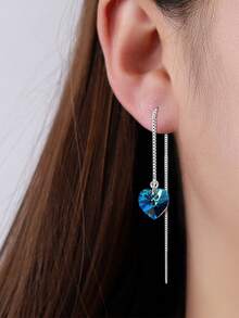 1 Pair S925 Sterling Silver Minimalist Luxury Cool Tone Ins Blue Heart Long Earline French Fashion Gentle Atmosphere Elegant Niche Design Ocean Heart Tassel Heart-Shaped Women's Earrings Fresh Elegant Personality High-End Party Versatile Accessory Gift - Love - View 7