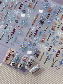 1pc 5D Full Nail Sticker Embossed Vintage Collegiate Style Bear Denim Star Bow Tie Zipper Badge Pattern Waterproof Self-Adhesive Nail Art Sticker Suitable For Back To School Season Daily Party DIY Manicure - Multicolor - View 6