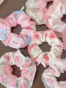 2/6pcs Peach Pink Lace Trim Scrunchies, Pink Sweet Cute Bow Lace Multi-Functional Hair Tie Hair Accessories Set, Peach Pink Lace Trim Scrunchies High Elasticity, Non-Damaging Hair Ties Mori Style Super Fairy Hair Rope Sweet Hair Accessories, Add Atmosphere Decorative Gift First Choice - Multicolor - View 1