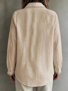 Plus Size Hollow Out Lace Trim Collared Long Sleeve Blouse, Women's Front Button Hollow Out Lace Detail Top, Casual Loose Fit Shirt - Apricot - View 2